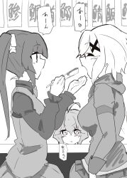  3girls ahoge akatsuki_kirika blush chopsticks closed_eyes commentary_request cowboy_shot feeding food greyscale hair_ornament highres holding holding_chopsticks hood hood_down hoodie koma_kitsune_(kururito) long_sleeves looking_at_another monochrome multiple_girls open_mouth senki_zesshou_symphogear shirt sitting sushi tsukuyomi_shirabe twintails vest x_hair_ornament yukine_chris 