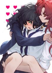  2girls bags_under_eyes bell black_hair black_skirt blue_necktie blush carrying carrying_person collared_shirt curtained_hair degrees_of_lewdity flustered green_eyes hair_between_eyes heart jingle_bell kylar_(degrees_of_lewdity) kylar_(female)_(degrees_of_lewdity) long_hair long_sidelocks long_sleeves looking_at_another miniskirt multiple_girls neck_bell necktie oc_x_canon open_mouth original player_character_(degrees_of_lewdity) player_character_(female)_(degrees_of_lewdity) pleated_skirt princess_carry profile raised_inner_eyebrows red_hair school_uniform shirt sidelocks simple_background skirt white_background white_shirt yellow_eyes yiban_luguo_tongren_nu yuri 