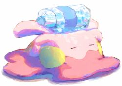  antennae bottle bottle_on_head closed_eyes closed_mouth commentary goomy n29w97zptb67768 no_humans on_head pokemon pokemon_(creature) pokemon_focus simple_background slug solo untranslatable_commentary water_bottle white_background 