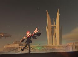  1girl beret blonde_hair building chinese_commentary cityscape coat commentary_request dusk full_body hat highres long_hair night original outdoors rooftop science_fiction skyscraper solo sunset walking zhuliye_bu_ai_chi_qiezi 