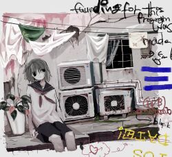  >3< 1girl against_wall air_conditioner black_eyes border clothes_hanger commentary_request curtains electric_panel english_text floral_print graffiti grey_hair heart highres laundry moss neckerchief original plant potted_plant red_neckerchief sailor_collar short_hair shorts sitting solo tank_top vap_(domain) white_border white_sailor_collar white_tank_top window 