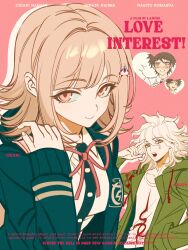  1girl 2boys blunt_bangs breasts brown_hair collared_shirt commentary_request danganronpa_(series) danganronpa_2:_goodbye_despair english_text flipped_hair grey_hair hair_between_eyes hair_ornament heart highres hinata_hajime hlam126 jacket komaeda_nagito long_sleeves looking_at_viewer medium_hair messy_hair multiple_boys nanami_chiaki neck_ribbon open_clothes open_jacket pink_background pink_eyes pink_ribbon ribbon shirt short_hair smile white_shirt 