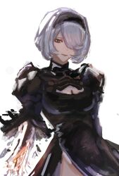  1girl 2b_(nier:automata) absurdres ashen_illust black_dress black_hairband breasts cleavage_cutout clothing_cutout dress hairband highres juliet_sleeves long_sleeves mole mole_under_mouth nier:automata nier_(series) no_blindfold puffy_sleeves short_hair solo white_hair 