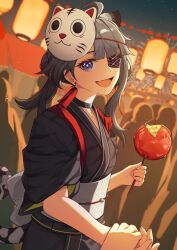  2girls :d absurdres animal_ears arknights arknights:_endfield black_kimono blue_eyes candy_apple cat_mask commentary_request crown earrings eyepatch fang food highres holding holding_candy_apple holding_food holding_hands japanese_clothes jewelry kimono lantern looking_at_viewer mask mask_on_head multiple_girls open_mouth paper_lantern pov pov_hands regit_etihw short_sleeves skin_fang smile tail tangtang_(arknights) tassel tassel_earrings tiger_ears tiger_girl tiger_tail upper_body 