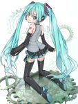  aqua_eyes aqua_hair detached_sleeves hatsune_miku long_hair looking_back skirt smile solo thigh-highs thighhighs twintails umeboshitora very_long_hair vocaloid zettai_ryouiki 