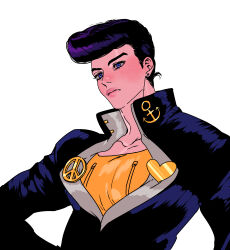  1boy anchor_symbol blue_eyes commentary_request diamond_wa_kudakenai earrings gakuran heart higashikata_josuke highres jewelry jojo_no_kimyou_na_bouken korean_commentary light_frown lips male_focus peace_symbol pink_lips pinkteest pompadour profile purple_hair school_uniform solo stud_earrings upper_body zipper 