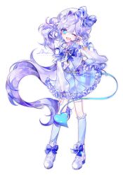  +_+ 1girl :d ;d absurdres ankle_boots artist_name blue_bow blue_eyes blue_hair blue_socks blue_tail blue_vest boots bow bowtie bright_pupils collared_shirt commentary dated demon_girl demon_tail elsword fang footwear_bow frilled_skirt frilled_socks frills full_body hair_bun half-heart_hands hand_on_own_thigh hat hat_bow headset highres jewelry korean_commentary long_hair long_sleeves looking_at_viewer luciela_r._sourcream one_eye_closed open_mouth plaid_clothes plaid_skirt purple_skirt ring shirt side_ponytail signature simple_background single_hair_bun single_side_bun skirt smile socks solo standing tail twitter_username vender very_long_hair vest white_background white_boots white_hat white_pupils white_shirt wing_collar 