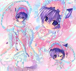  animal_ear_fluff animal_ears blue_trim blush capelet cat_ears cat_tail character_request chibi commentary_request copyright_request crossed_bangs ears_through_headwear floral_print floral_print_kimono flower frilled_kimono frilled_sleeves frills full_body gender_request hair_flower hair_ornament halftone headwear_request heart highres holding holding_umbrella invisible_floor japanese_clothes kimono looking_at_viewer multiple_views neck_ribbon open_mouth outline pastel_colors pink_flower pink_kimono pink_ribbon pink_rose pink_sandals pink_theme print_kimono purple_hair purple_tail ribbon ribbon-trimmed_headwear ribbon_trim rose sandals short_hair sidelocks smile socks sparkle standing tail too_many too_many_bows too_many_frills umbrella violet_eyes watashi_candy white_capelet white_outline white_socks wide_sleeves 