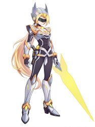  1girl absurdres alternate_color armor armored_boots assault_visor biometal blonde_hair blue_eyes bodysuit boots breasts chest_jewel commission commissioner_upload covered_abs covered_navel crossed_belts cynthia_(mega_man_zx_zeta) elbow_gloves energy_gun energy_sword forehead_jewel gauntlets gloves helmet high_heel_boots high_heels highres holster knee_armor knee_boots long_hair long_sidelocks looking_at_viewer medium_breasts mega_man_(series) mega_man_zx model_z_(mega_man) non-web_source ponytail redesign shoulder_armor sidelocks solo sword thigh_holster thighs uta_guipiy weapon 