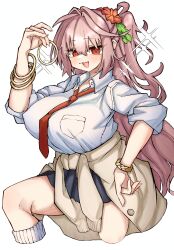  1girl absurdres blush bracelet breasts clothes_around_waist commentary fate/grand_order fate_(series) flower hair_flower hair_intakes hair_ornament half_updo hasuboniru highres huge_breasts jewelry long_hair looking_at_viewer necktie open_mouth pink_hair red_eyes shirt skirt sleeves_rolled_up smile solo sweater verdandi_(fate) white_shirt 