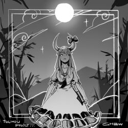 1girl bamboo bamboo_forest book border bow chenwei_jun chinese_commentary collarbone commentary_request copyright_name dress english_text ex-keine feet_out_of_frame forest full_moon glowing glowing_eyes greyscale highres holding holding_book horn_bow horn_ornament horns kamishirasawa_keine long_hair looking_at_viewer monochrome moon mountainous_horizon nature neckerchief night signature solo star_(sky) touhou 