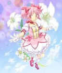  bubble_skirt d-nezumi flower gloves hair_bow kaname_madoka kneehighs lily lily_(flower) magical_girl mahou_shoujo_madoka_magica pink_eyes pink_hair shoes short_twintails twintails white_gloves white_legwear 