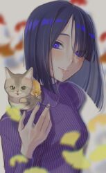  1girl animal autumn baby_animal black_hair cat commentary grey_cat hamster highres holding kitten leaf looking_at_viewer maple_leaf nuko1110 original purple_hair purple_nails purple_sweater short_hair smile solo sweater turtleneck untranslatable_commentary upper_body violet_eyes 