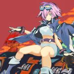  aqua_eyes arm_support belt bike_shorts boots bracelet cat cloud crop_top dark_skin frown gloves goggles goggles_on_head hair_over_one_eye jacket jewelry knee_boots legs midriff mikagura_tomoe muscle navel open_clothes open_jacket outdoors pink_hair pointing short_hair shorts sitting sky smile spiked_hair spread_legs sunset tailenders taut_shirt tomoe_shiro yuuki_(irodo_rhythm) 