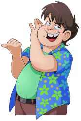  1boy belt black_belt blue_shirt brown_hair brown_pants commentary cowboy_shot english_commentary fat fat_man floral_print floral_print_shirt green_shirt hands_up hawaiian_shirt highres larry_bundy_jr looking_at_viewer male_focus nose open_clothes open_mouth open_shirt pants print_shirt real_life sanpaku shadman shirt short_hair short_sleeves simple_background solo standing teeth toon_(style) transparent_background upper_teeth_only 