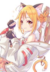  1girl absurdres animal_ear_fluff animal_ears bare_shoulders blonde_hair blush breasts eclair_milk gloves hair_ornament highres hiyori_(astral)_(princess_connect!) hiyori_(princess_connect!) jacket long_sleeves looking_at_viewer navel open_clothes open_mouth princess_connect! short_hair smile solo tail upper_body white_background yellow_eyes 