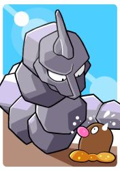  blue_sky cocoro_the_c commentary_request diglett horns looking_down looking_up no_humans onix pink_nose pokemon pokemon_(creature) pokemon_focus rock single_horn sky snake surprised 