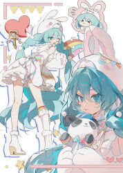  >_< 1girl animal_hat bare_shoulders blue_eyes blue_hair boots chibi closed_eyes closed_mouth commentary detached_sleeves double-parted_bangs dress frilled_dress frills full_body hair_between_eyes hat hatsune_miku highres kneehighs leaning_forward long_hair long_sleeves multiple_views open_mouth pye_yyy rabbit_hat short_dress single_kneehigh single_sock sleeveless sleeveless_dress socks standing very_long_hair vocaloid white_boots white_dress white_hat white_sleeves white_socks wide_sleeves 