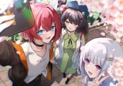  3girls absurdres ange_katrina ange_katrina_(casual) animal_ears arm_up beret black_choker black_jacket black_shoes blue_eyes blue_hair blue_hat blurry blurry_edges blurry_foreground blush breasts brown_hair cardigan cellphone cherry_blossoms choker chromatic_aberration collared_dress commentary_request crossed_bangs dog_ears dress flower green_dress hair_between_eyes hair_ornament hairclip hands_up hat heterochromia highres holding holding_phone inui_toko inui_toko_(fall_casual) jacket lize_helesta lize_helesta_(fall_casual) long_dress long_hair long_sleeves looking_at_phone medium_breasts medium_hair mika_uni multicolored_hair multiple_girls nijisanji one_ear_down open_cardigan open_clothes open_jacket open_mouth orange_jacket outdoors parallel_hairclips pendant_choker phone pink_flower red_eyes red_hair sanbaka_(nijisanji) selfie shirt shoes smartphone smile standing streaked_hair tile_floor tiles two-sided_fabric two-sided_jacket two-tone_hair v virtual_youtuber white_cardigan white_hair white_shirt yellow_eyes 