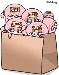  >_< 5girls bag blue_eyes bocchi_the_rock! chibi chibi_only clone closed_eyes cube_hair_ornament gotoh_hitori gotoh_hitori_(octopus) hair_ornament highres jacket light_blush looking_ahead looking_down lulalang mini_person minigirl multiple_girls one_side_up open_mouth paper_bag pink_hair pink_jacket price_tag reaching shadow smile twitter_username white_background 