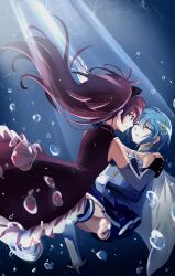 2girls air_bubble blue_dress blue_hair bubble closed_eyes closed_mouth commentary dress english_commentary fortissimo hair_ornament hairclip hand_on_another's_shoulder highres long_hair looking_at_another magical_girl mahou_shoujo_madoka_magica mahou_shoujo_madoka_magica_(anime) mahou_shoujo_madoka_magica_movie_1_&amp;_2 miki_sayaka miki_sayaka_(magical_girl) multiple_girls musical_note musical_note_hair_ornament parted_lips ponytail red_dress red_eyes red_hair riko01119 sakura_kyoko sakura_kyoko_(magical_girl) short_hair thighhighs underwater white_thighhighs yuri
