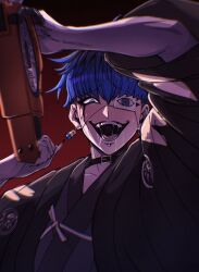  1boy absurdres animal_print arms_up black_choker black_eyeshadow black_hair black_haori blue_hair chainsaw chamuchai choker commentary_request earrings evil_grin evil_smile eye_print eyepatch eyeshadow face_piercing fingernails gradient_background grey_kimono grin haori highres holding holding_chainsaw japanese_clothes jewelry kimono long_fingernails looking_at_viewer makeup male_focus multicolored_hair omokage_yugamu open_mouth piercing print_eyepatch red_background saliva sharp_fingernails short_hair smile solo spider_print sweat teeth the_hundred_line_-last_defense_academy- upper_body violet_eyes 