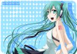  absurdres aqua_eyes aqua_hair bare_shoulders bra_strap e-megu fugashi hatsune_miku headphones headset highres long_hair open_mouth rounded_corners solo twintails very_long_hair vocaloid 