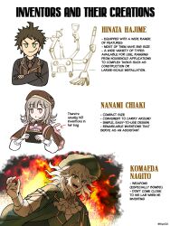  1girl 2boys ahoge alternate_costume ascot brown_hair danganronpa_(series) danganronpa_2:_goodbye_despair english_text flipped_hair hair_ornament hat highres hinata_hajime hlam126 jacket komaeda_nagito long_sleeves looking_at_viewer medium_hair multiple_boys nanami_chiaki neck_ribbon pink_eyes ribbon shirt smile white_ascot 