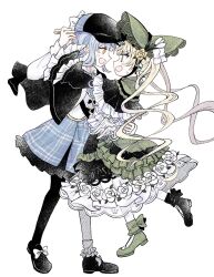 2girls :d asymmetrical_footwear asymmetrical_legwear bird_hat_ornament black_bow black_bowtie black_capelet black_hat black_pantyhose black_shoes blonde_hair blue_hair blue_necktie blue_skirt bonnet bow bowtie braid braided_hair_rings capelet chinstrap classic_lolita collared_shirt commentary_request deerstalker dress flower flower-trimmed_dress flower-trimmed_skirt footwear_bow frilled_capelet frilled_dress frilled_skirt frilled_sleeves frilled_socks frills green_bonnet green_eyes green_shoes hair_flower hair_ornament hair_rings hat hat_bow highres layered_dress layered_skirt lolita_fashion long_hair long_sleeves mahou_shoujo_no_majo_saiban mismatched_footwear multiple_girls necktie open_mouth pantyhose plaid_clothes plaid_skirt shirt shoes short_hair single_leg_pantyhose single_sock skirt smile socks sweatdrop tachibana_sherry tono_hanna tulip twintails two-tone_dress vest watage_modoki white_bow white_flower white_shirt white_socks white_tulip wide_sleeves yellow_eyes yuri
