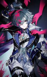  1boy absurdres ahoge amekamu arm_up armor belt black_background black_belt black_boots black_gloves black_jacket blood blood_in_hair blood_on_clothes blue_cape blue_eyes blue_gem blue_gloves blue_jacket blue_vest boots buttons cape chest_belt closed_mouth collared_shirt colored_blood commentary cowboy_shot disaster_and_remorse_(genshin_impact) earrings empty_eyes expressionless gem genshin_impact gloves gold_trim green_hair hair_between_eyes hand_on_another's_shoulder highres holding holding_polearm holding_weapon implied_murder jacket jewelry lapels lohen_(genshin_impact) long_sleeves looking_at_viewer male_focus mole mole_under_eye multicolored_eyes multiple_belts open_clothes open_jacket pale_skin pants pendant pink_blood pink_eyes polearm shadow shirt short_hair shoulder_armor simple_background single_earring solo spear standing tassel thigh_boots thigh_strap two-sided_fabric two-sided_gloves two-sided_jacket untranslatable_commentary vest weapon white_pants white_shirt 