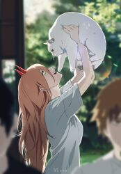  1girl 2boys animal anime_coloring artist_name backlighting blurry blush bokeh cat chainsaw_man clenched_hands commentary_request demon_horns denji_(chainsaw_man) depth_of_field eyelashes fang hands_up hayakawa_aki highres holding holding_animal holding_cat horns lens_flare light_rays long_hair m_alexa multiple_boys outdoors power_(chainsaw_man) shirt sunbeam sunlight t-shirt 