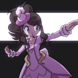  1girl antenna_hair blue_eyes brown_hair clenched_hand collarbone commentary_request dress hat highres hilda_(pokemon) hilda_(special_costume)_(pokemon) mini_hat official_alternate_costume pink_dress pink_hat pokemon pokemon_masters_ex solo truth1293 two-tone_background 