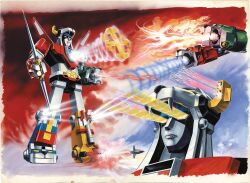  breath_weapon breathing_fire closed_mouth cross eye_beam fangs fire gattai golion_(mecha) horns hyakujuu-ou_golion mecha mecha_focus missile mouth_beam mouth_missile multiple_heads multiple_views no_humans official_art okazaki_toshio open_mouth painting_(medium) portrait robot standing super_robot third-party_source traditional_media yellow_eyes yellow_horns 