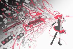  1girl ahoge apple asymmetrical_clothes asymmetrical_legwear baguette black_shirt black_skirt boots bow bread cd character_charm character_doll character_sticker charm_(object) closed_eyes colored_petticoat commentary detached_sleeves doll doughnut drill_hair electric_guitar finger_gun finger_gun_to_own_head fish flower food french_fries fruit gradient_background grey_jacket grey_skirt guitar hair_bow hair_ribbon highres instrument jacket kasane_teto kasane_teto_(halloween) kasane_teto_(sv) kasane_teto_(utau) katana keyboard_(instrument) lace-up_boots mismatched_legwear missile monochrome_background onigiri paper pearto pencil pennant petticoat red_eyes red_hair red_trim ribbon road_sign rose sandwich saxophone shirt sign single_detached_sleeve single_thigh_boot skirt split_shirt squid sticker sword synthesizer_v thigh_boots tomato traffic_light train trumpet twin_drills untranslatable_commentary utau watermelon watermelon_slice weapon white_bow white_ribbon yuu_(tangzeyuu) 