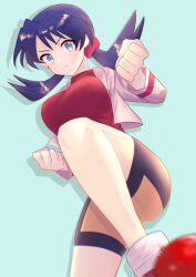  1girl bike_shorts blue_background blue_eyes blue_hair earrings hair_ornament highres jewelry kicking kris_(pokemon) l3cezb33403445 legs light_frown looking_at_viewer open_clothes open_vest poke_ball pokemon pokemon_adventures red_shirt shirt shorts solo star_(symbol) star_earrings twintails v-shaped_eyebrows vest yellow_shorts 
