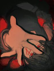  1girl absurdres black_hair blunt_bangs chainsaw_man commentary_request covered_face cross_scar dark_background dress dress_shirt eye_focus eyelashes hand_focus highres long_shirt long_sleeves pinafore_dress red_background red_eyes ringed_eyes scar scar_on_cheek scar_on_face scar_on_nose shiej007 shirt sleeveless sleeveless_dress white_shirt yoru_(chainsaw_man) 