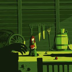  1girl apple apple_hair_ornament artist_name barrel bucket collared_shirt commentary faceless faceless_female facing_to_the_side food food-themed_hair_ornament fruit full_body green_overalls hair_ornament hairclip hand_saw highres holding holding_food holding_fruit indoors kneeling long_hair long_sleeves nona_drops original out_of_frame overalls pickaxe pitchfork red_hair rope saw scythe shadow shirt shovel sidelighting solo_focus turning_head wheel yellow_shirt 