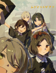  5girls absurdres awa_subaru black_hair brown_hair commentary dmitkooi ebizuka_tomo girls_band_cry grey_hair highres iseri_nina jacket kawaragi_momoka long_sleeves multiple_girls open_mouth parted_bangs red_eyes ribbon rupa_(girls_band_cry) shirt short_hair sidelocks violet_eyes 