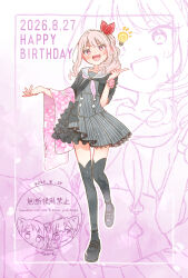  1other :d akiyama_mizuki ankle_strap artist_logo artist_name black_jacket black_neckerchief black_shoes black_thighhighs choppy_bangs club_(shape) collarbone commentary_request corset cropped_jacket dated diamond_(shape) different_zoom_layer dot_nose drill_hair drill_ponytail drill_sidelocks english_text floral_print full_body gradient_background grey_corset grey_skirt hair_ribbon hands_up happy happy_birthday heart high_side_ponytail highres holding index_finger_raised jacket lace-trimmed_skirt lace_trim lamp light_blush lineart_zoom_layer logo long_sidelocks looking_at_viewer mary_janes neckerchief needle open_clothes open_jacket open_mouth other_focus outline pink_background pink_eyes pink_hair pink_neckerchief pink_theme ponytail project_sekai red_ribbon ribbon sa-fu_(sfmk39) sailor_collar sewing_needle sewing_pin shoes short_sleeves side_ponytail sidelocks skirt smile solo spade_(shape) standing standing_on_one_leg striped_clothes striped_corset striped_skirt teeth thigh-highs tongue tongue_out two-tone_neckerchief upper_teeth_only v-shaped_eyebrows watermark white_background white_outline white_sailor_collar zettai_ryouiki zoom_layer 