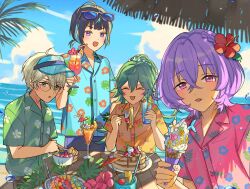  4boys 4piece_(ensemble_stars!) :d :o ahoge anmitsu_(dessert) antenna_hair beach blue_hair blue_shirt blue_sky blunt_bangs braid closed_eyes clouds collared_shirt commentary_request crossed_bangs diamond_mouth double-parted_bangs drink drinking_straw ensemble_stars! erimaki_shippo eyewear_on_head fang floral_print floral_print_shirt flower food fork glasses green_eyes green_hair green_shirt hair_between_eyes hair_flower hair_ornament half_crown_braid hanamura_fuyume hawaiian_shirt hibiscus high_ponytail highres hojo_raika holding holding_drink holding_fork holding_ice_cream_cone holding_spoon ice_cream_cone light_particles long_hair low_ponytail male_focus multiple_boys natsu_kanna ocean orange_shirt outdoors palm_tree pancake pancake_stack pink_eyes pink_shirt plumeria ponytail print_shirt purple_hair raised_inner_eyebrows red_flower round_eyewear sagiri_esu see-through_clothes see-through_headwear shade shirt short_hair short_ponytail sitting sky smile spoon standing sunglasses table tree tropical_drink v-shaped_eyebrows violet_eyes visor_cap water_drop white_flower white_hair wooden_table 