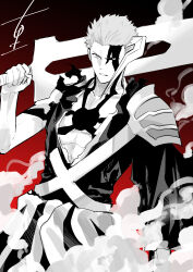  1boy absurdres amejuuri/terunomiya armor bleach bleach:_sennen_kessen-hen commentary_request cowboy_shot demon_horns fighting_stance forehead gradient_background greyscale_with_colored_background hand_up highres holding holding_sword holding_weapon horns japanese_clothes kimono kurosaki_ichigo long_sleeves looking_at_viewer male_focus mismatched_sclera over_shoulder parted_lips red_background shikai short_hair shoulder_armor signature simple_background single_horn smoke solo spiky_hair sword sword_over_shoulder torn_clothes torn_kimono true_zangetsu_(shikai) tsurime v-shaped_eyebrows weapon weapon_over_shoulder wide_sleeves 