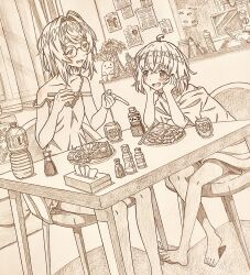  2girls :3 :d ahoge ange_katrina ange_katrina_(loungewear) bare_legs barefoot blush breakfast breasts chair chopsticks commentary_request crossed_bangs cup dot_nose drink drinking_glass dutch_angle elbow_blush elbow_rest erlenmeyer_flask eye_contact fang flask flower food food_request graphite_(medium) hair_intakes hands_on_own_cheeks hands_on_own_face hands_up head_rest holding holding_chopsticks indoors knee_blush lace-trimmed_camisole lace_trim long_shirt looking_at_another loungewear mandragora_(ange_katrina) medium_hair morning multiple_girls nijisanji noharano on_chair open_mouth paper_texture plastic_bottle plate pointing_at_food round_eyewear sasaki_saku sepia shirt short_sleeves shoulder_blush sitting small_breasts smile spot_color strap_slip t-shirt table tissue_box traditional_media virtual_youtuber 