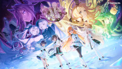  6+girls ahoge blonde_hair breasts commentary_request company_name constellation copyright_notice cygames dutch_angle floating_clothes floating_hair flower green_hair karyl_(princess_connect!) karyl_(real)_(princess_connect!) key_visual kokkoro_(princess_connect!) kokkoro_(real)_(princess_connect!) long_hair looking_at_another multiple_girls official_alternate_costume official_art open_mouth pecorine_(princess_connect!) pecorine_(real)_(princess_connect!) princess_connect! promotional_art shards sheffy_(princess_connect!) sheffy_(real)_(princess_connect!) side_ponytail space 