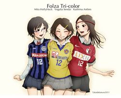  3girls black_eyes black_hair brown_hair closed_eyes eyes_closed glasses grin hair_ornament hairclip hand_on_shoulder hand_on_waist highres hug kashima_antlers mito_hollyhock multiple_girls shirt short_hair smile soccer striped striped_shirt takada_katsura vegalta_sendai 