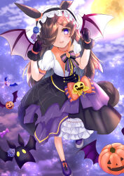  1girl absurdres animal_ears bat_wings black_gloves black_skirt blue_flower blue_rose blush bow brown_hair flipped_hair flower frilled_hairband frills full_moon gloves hair_over_one_eye hairband highres horse_ears horse_girl jack-o'-lantern jack-o'-lantern_ornament long_hair looking_at_viewer moon official_alternate_costume open_mouth puffy_short_sleeves puffy_sleeves pumpkin purple_shoes purple_wings rice_shower_(umamusume) rice_shower_(vampire_makeover!)_(umamusume) rose shirt shoes short_sleeves skirt sky smile spider_web_print suzuto_(mimoria) umamusume violet_eyes white_shirt white_skirt wings 