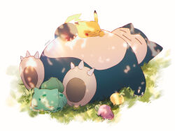  artist_name bulbasaur champi closed_eyes closed_mouth commentary_request dappled_sunlight fangs grass lying on_back on_floor pikachu pokemon pokemon_(creature) pokemon_focus pokemon_sleep simple_background sleeping_together snorlax sunlight white_background 