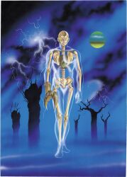  1boy bald bare_tree closed_mouth crystal_boy fog full_body gem glint green_gem highres lightning looking_at_viewer male_focus moon official_art outdoors painting_(medium) pincers see-through_body skeleton solo space_adventure_cobra standing straight-on terasawa_buichi third-party_source traditional_media tree 
