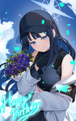  1girl armband baseball_cap black_armband black_gloves black_hair blue_archive blue_eyes blue_flower blue_hair blue_halo blue_rose bouquet breasts coat colored_inner_hair commentary_request flower gloves halo hat highres holding holding_bouquet large_breasts long_sleeves multicolored_hair purple_flower purple_rose rose saori_(blue_archive) sleeveless smile solo white_coat yasume_yukito 