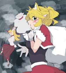  2girls alternate_costume animal_ears antlers black_shirt blonde_hair blush braid breasts capelet cat_ears christmas closed_eyes commentary_request fake_antlers gloves green_eyes grey_background half_up_braid highres holding holding_sack horns hoshiguma_yuugi kemonomimi_mode koma_kitsune_(kururito) long_hair looking_at_viewer looking_to_the_side medium_breasts mizuhashi_parsee multiple_girls open_mouth pointy_ears profile red_capelet red_horns red_skirt sack shirt short_hair short_sleeves single_horn skirt striped_clothes striped_skirt touhou upper_body vertical-striped_clothes vertical-striped_skirt white_gloves white_shirt 