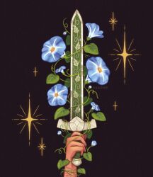  1other artist_name blue_flower brown_background commentary critical_role dungeons_&amp;_dragons english_commentary flower highres holding holding_sword holding_weapon kaaileen leaf morning_glory out_of_frame plant simple_background solo sparkle sword vines weapon weapon_focus 
